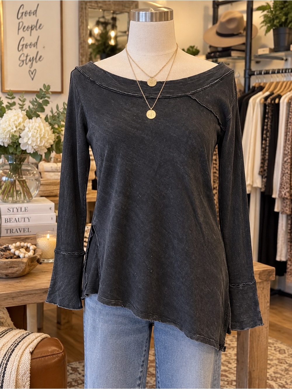 We The Free Washed Black Off-Shoulder Long Sleeve Top